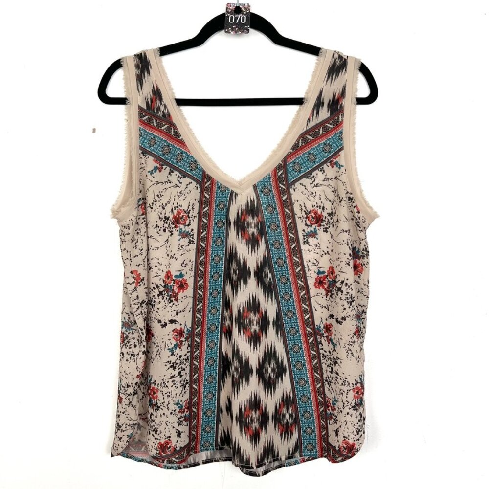 Daytrip Tank Top Tan Boho Print Fringe Trim V-Neck Large